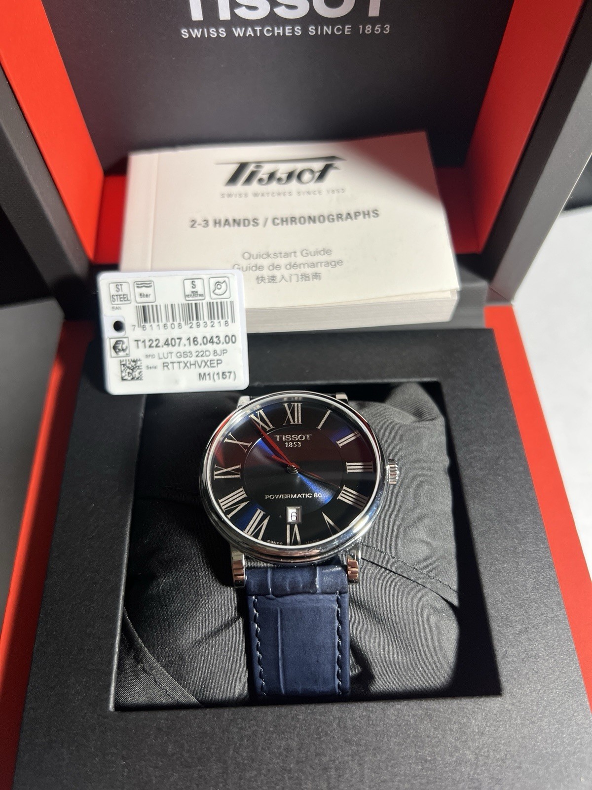 Tissot Carson Powermatic 80 Automatic 40mm Blue Dial Roman Leather Strap Date
