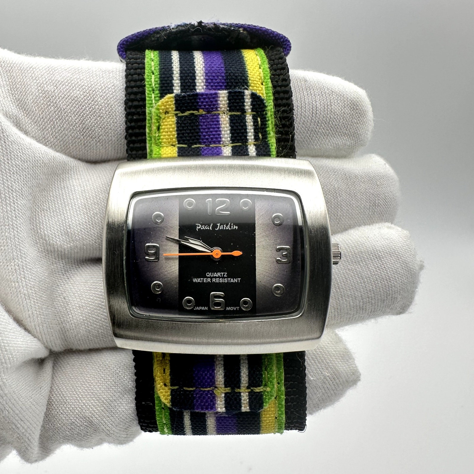 Paul Jardin Rectangular Quartz Watch Silver Tone Case Multicolor Fabric Strap