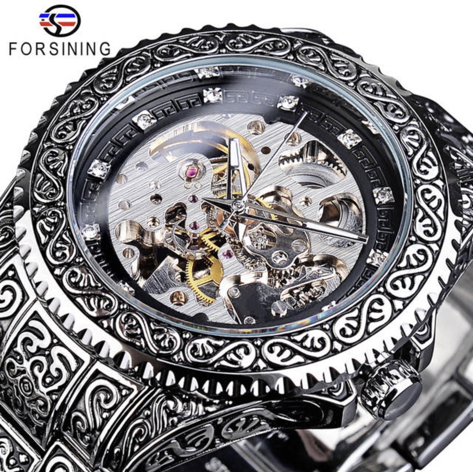 Automatic Luxury Stainless Steel Skeleton Silver Gold Retro Carved Mens Watch