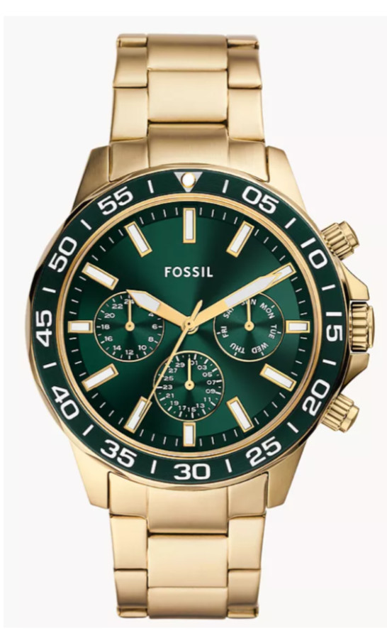 FOSSIL Bannon Mens Multifunction Watch Dark Green Dial Gold Stainless Steel Band