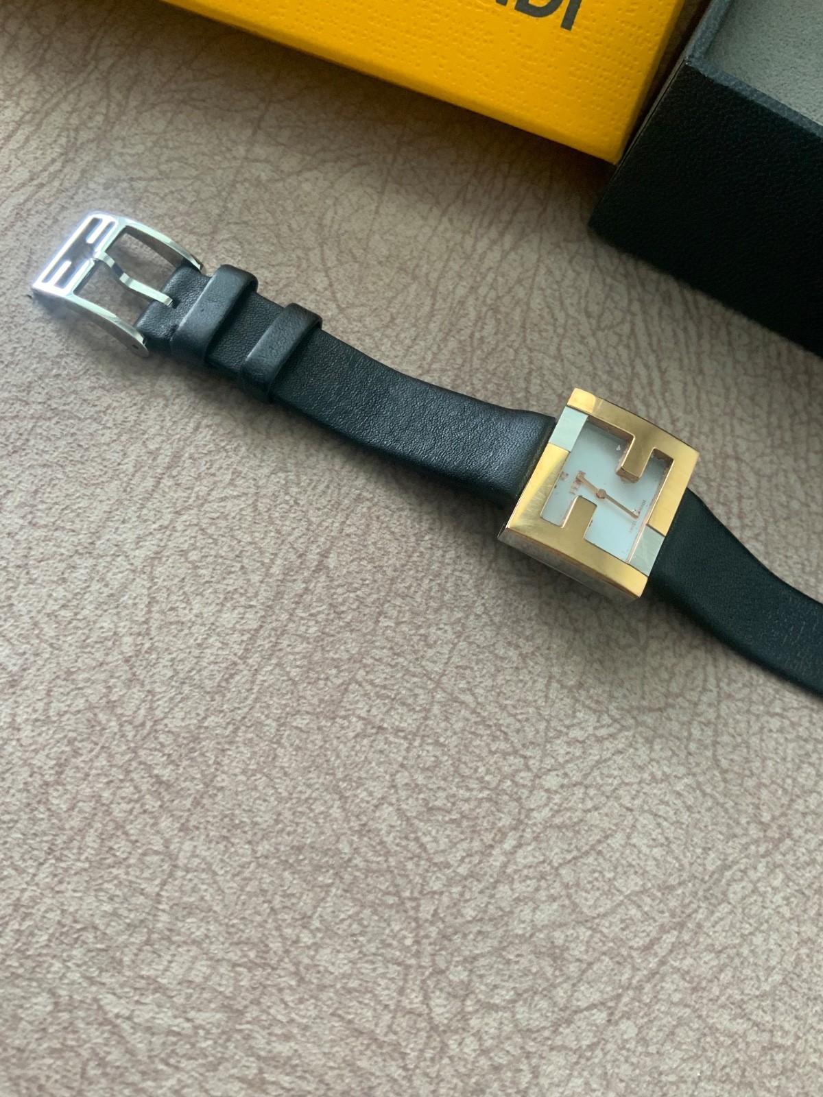 fendi square face leather strap watch