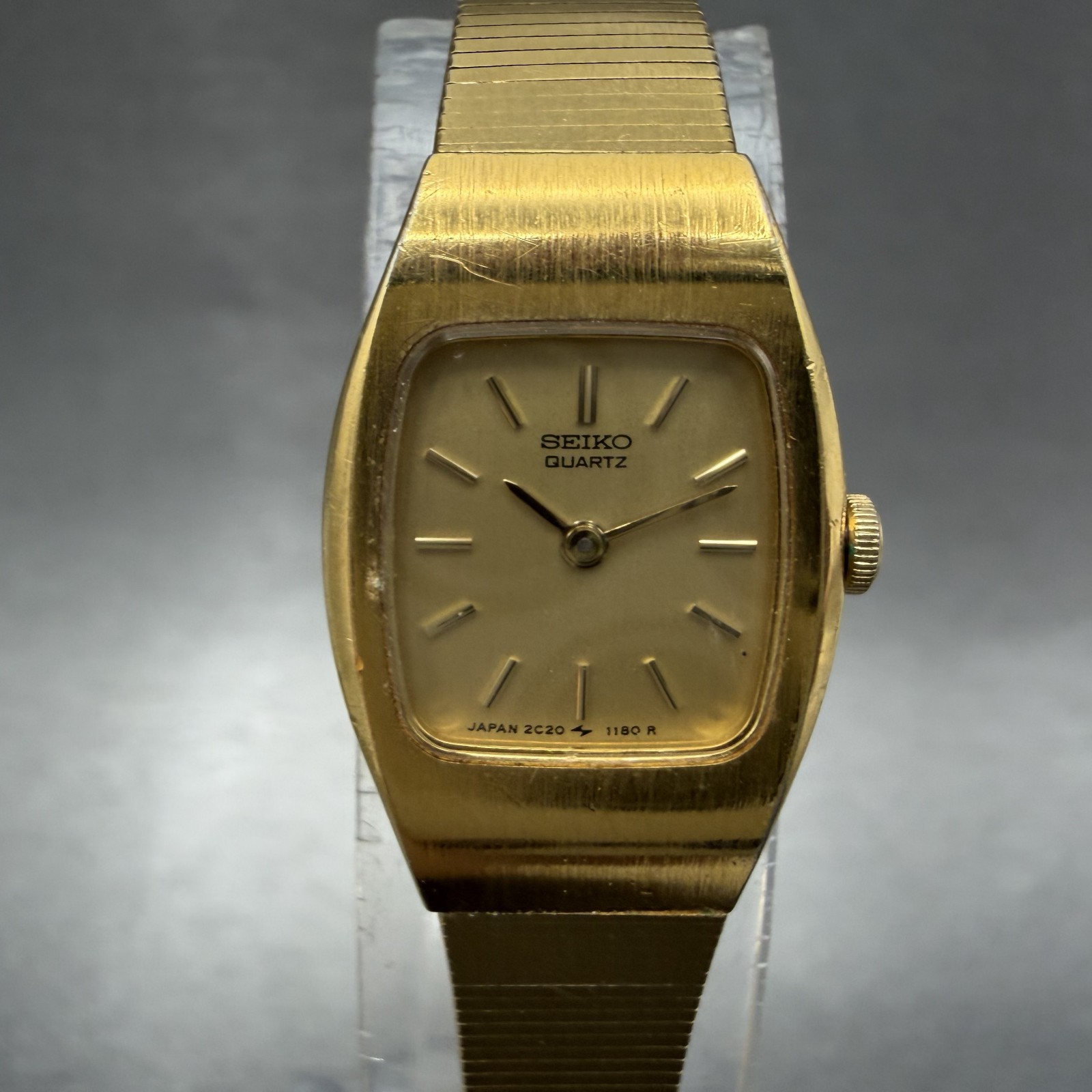 Seiko Watch Women 16mm Gold Dial Gold Tone 2C20-5559 Tonneau VTG New Battery