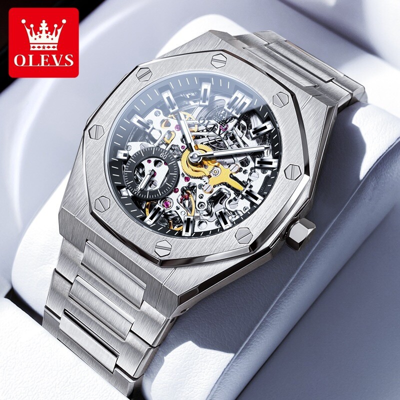 Automatic Mechanical Waterproof Luxury OLEVS Watch Men Skeleton Men’s Strap