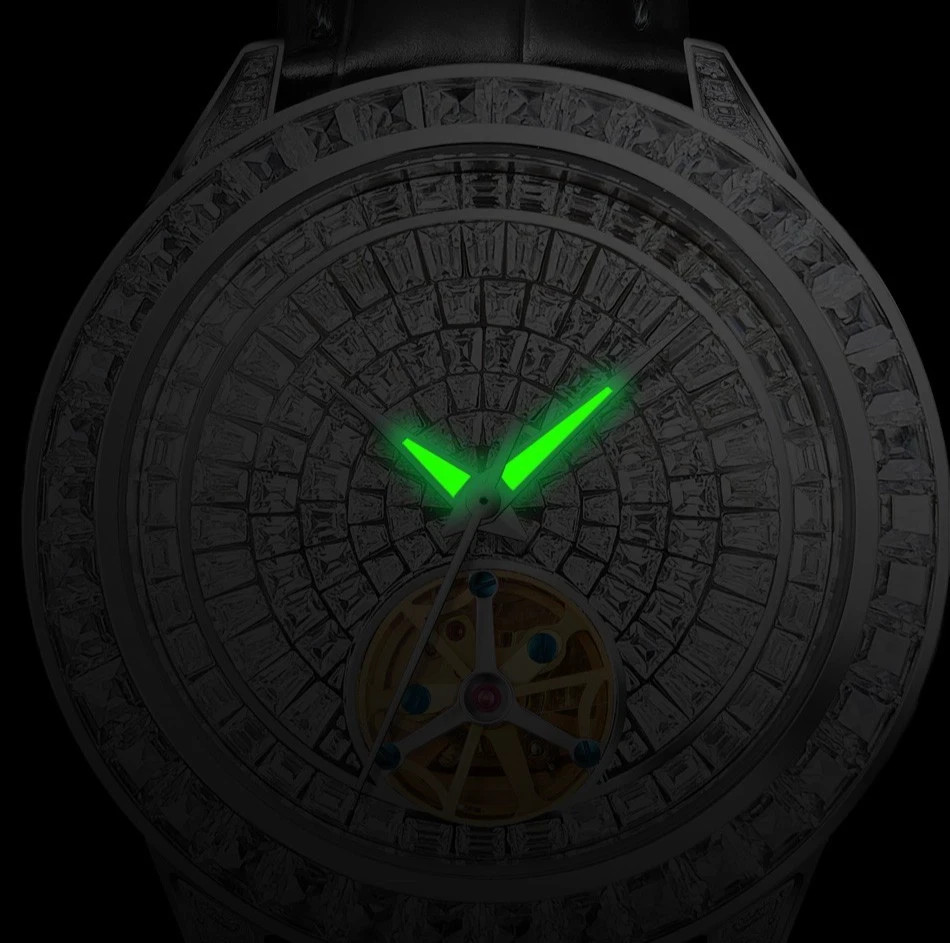 🔥USA🔥PINDU Men’s Automatic Watch Mineral Glass Green Black Leather P5037