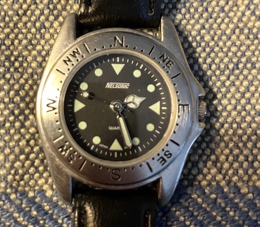 Nelsonic AX2001 Watch Black Dial and Black Leather Strap, New Battery