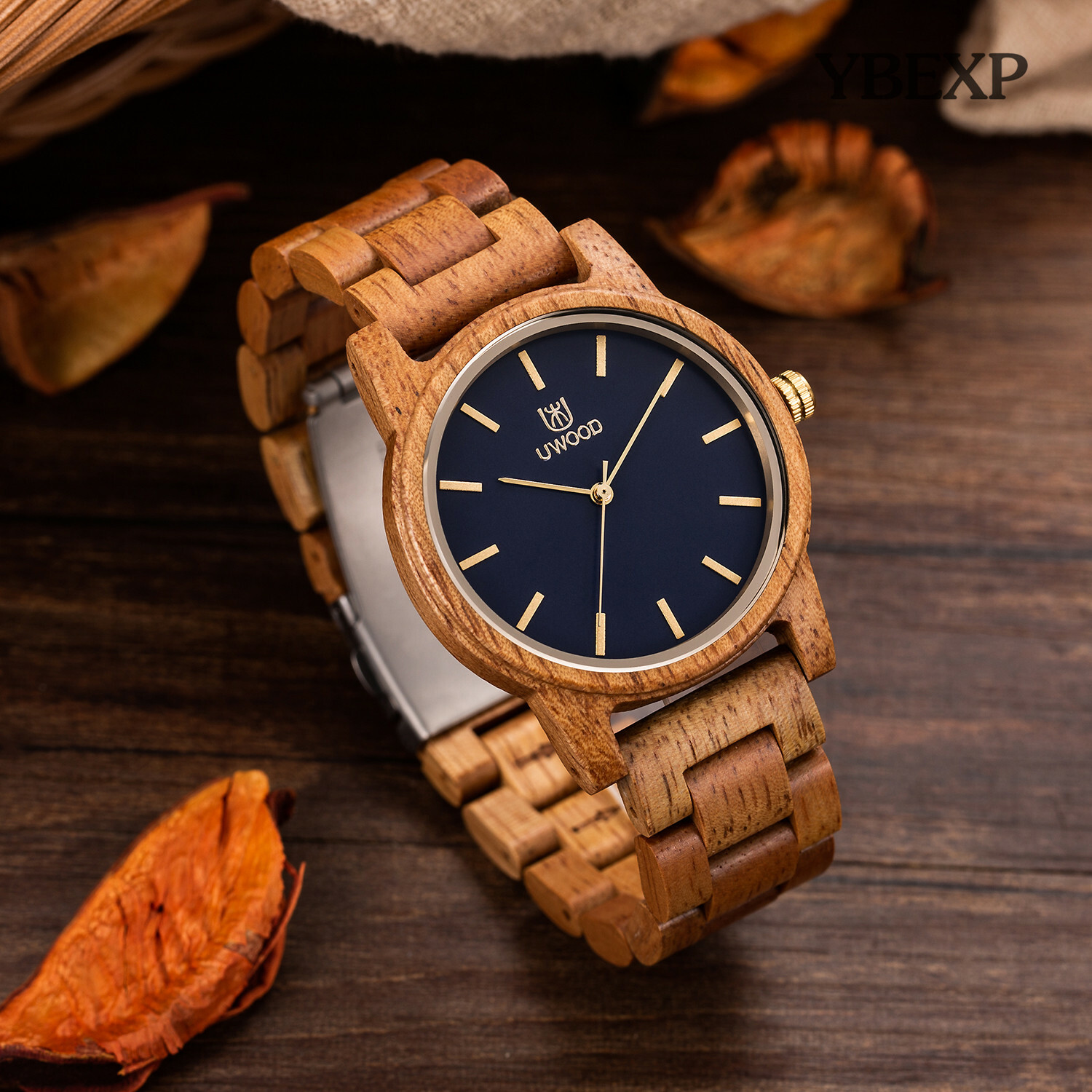 UWOOD Mens Wooden Watch Black Dial Natural Solid Wood Wristwatch for Classy Gift