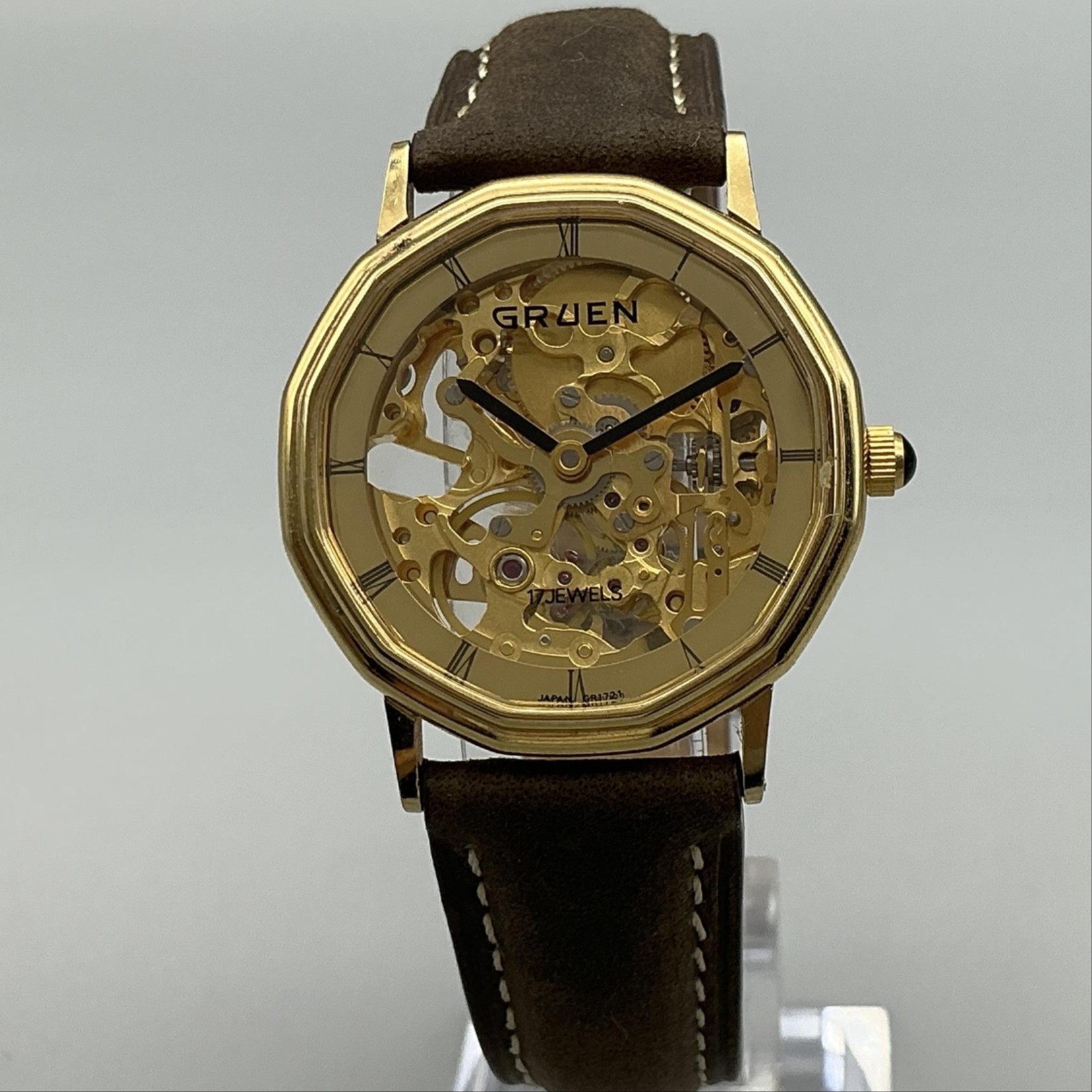 Gruen Mens Watch 33mm Gold Tone Skeleton Dial Manual 17 Jewels Leather Strap