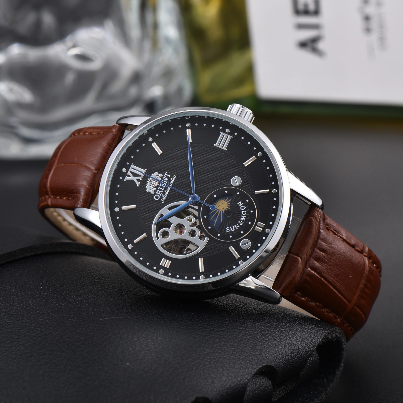 Orient Sun & Moon Semi Skeleton Automatic Watch Men’s Leather Strap Luxury Gift
