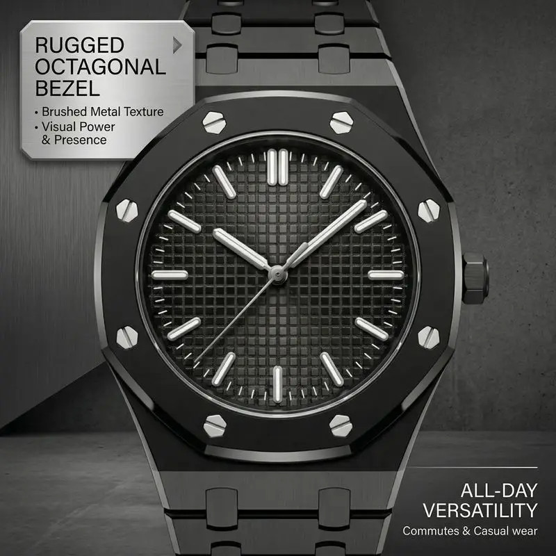 1Pc Simple and Stylish Octagonal Bezel Mesh Dial Black Steel Strap Watch Unisex