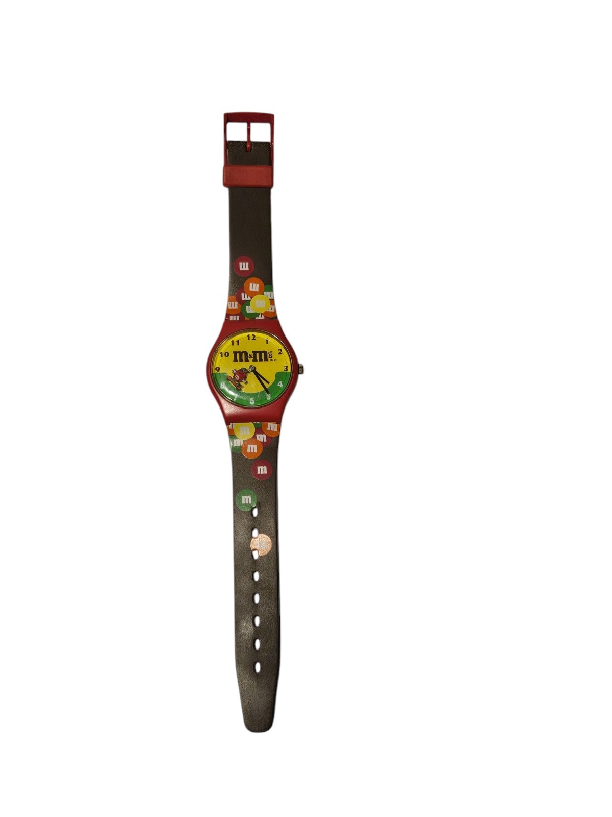 1994 Vintage Brown & Red M&M Rubber Banded Wristwatch Needs Battery Mars Co.