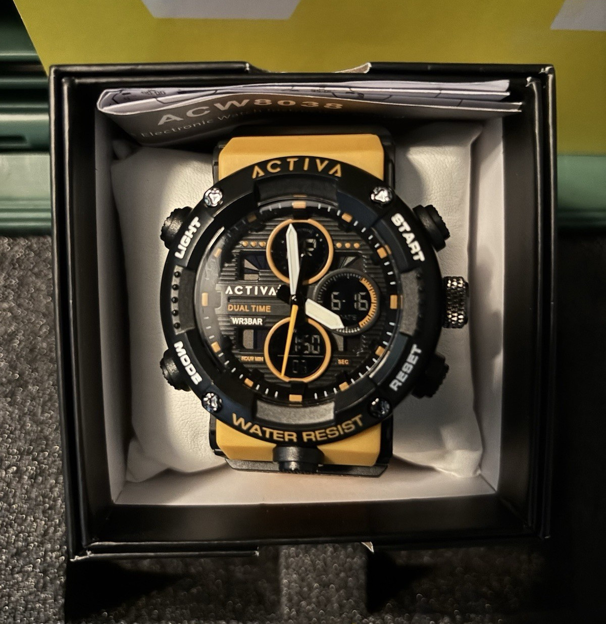 Activa ACW8038 Dual Time Quartz Analog/Digital 30m Yellow Rubber Strap w/ Box