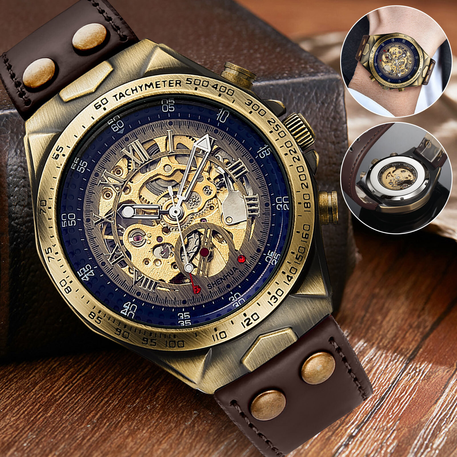 Luxury Men’s Automatic Mechanical Wrist Watch Leather Strap Retro Skeleton Dial