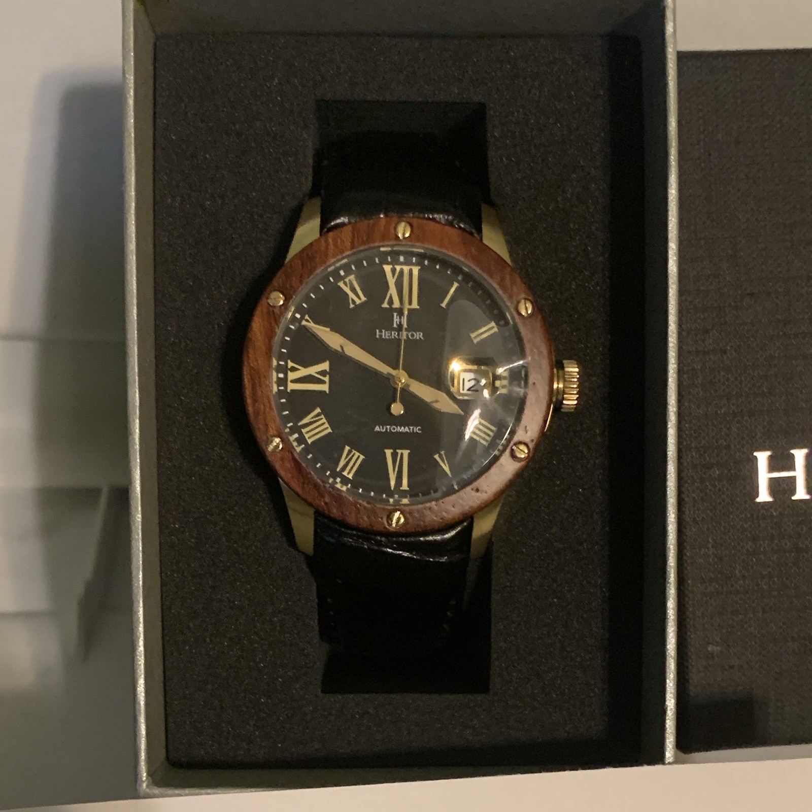 Heritor Automatic Men’s Watch Black Dial Roman Numerals Leather Strap Date Box