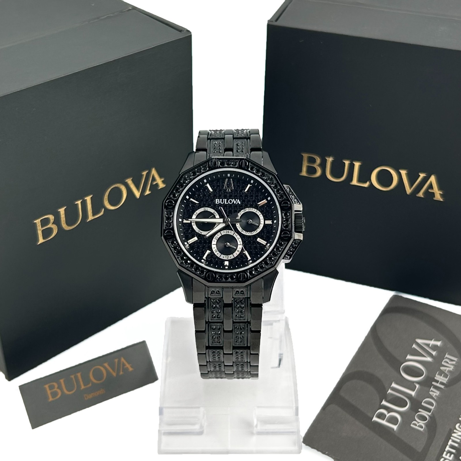 Bulova Octova Crystal 98c134 Mens Quartz Black Stainless Steel Gemmed Dial 41mm