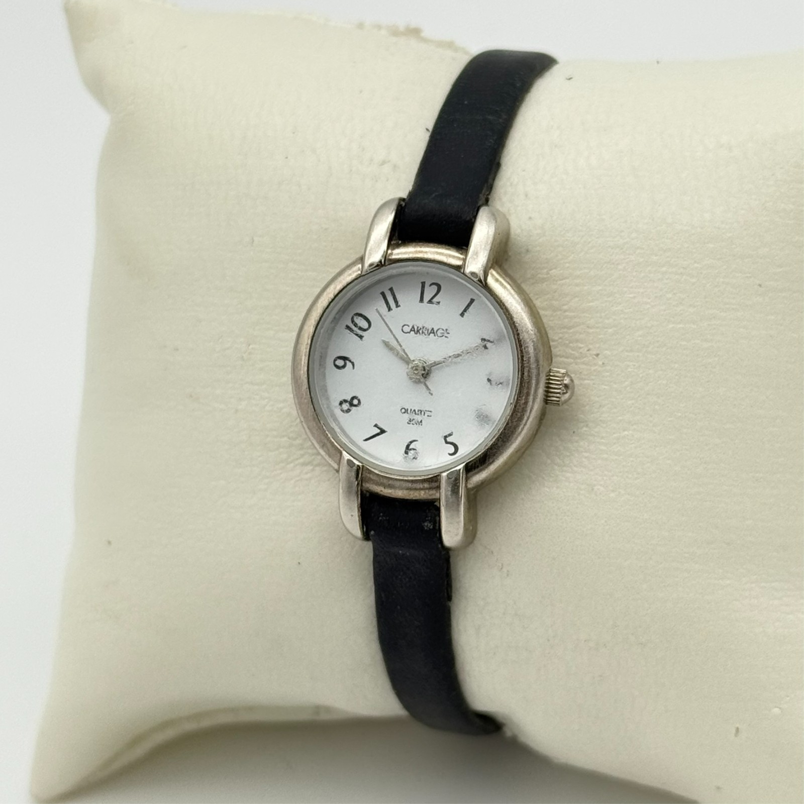 Women’s CARRIAGE by Timex Petite Silver Tone Watch, White Dial, Black Leather