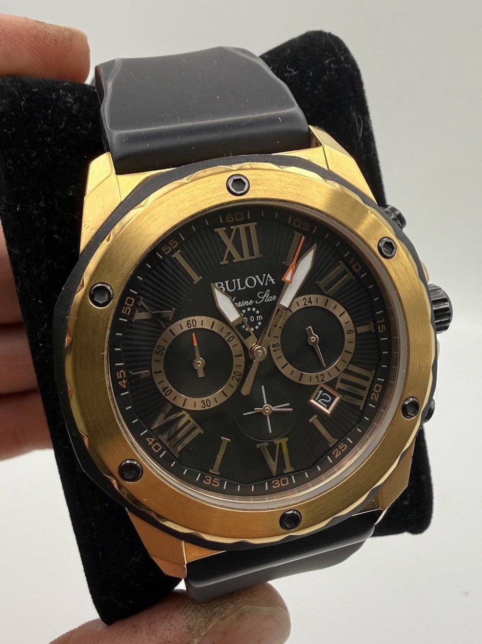 Bulova Marine Star Men’s Black Dial Black Rubber Strap 44mm Quartz Watch 98B104