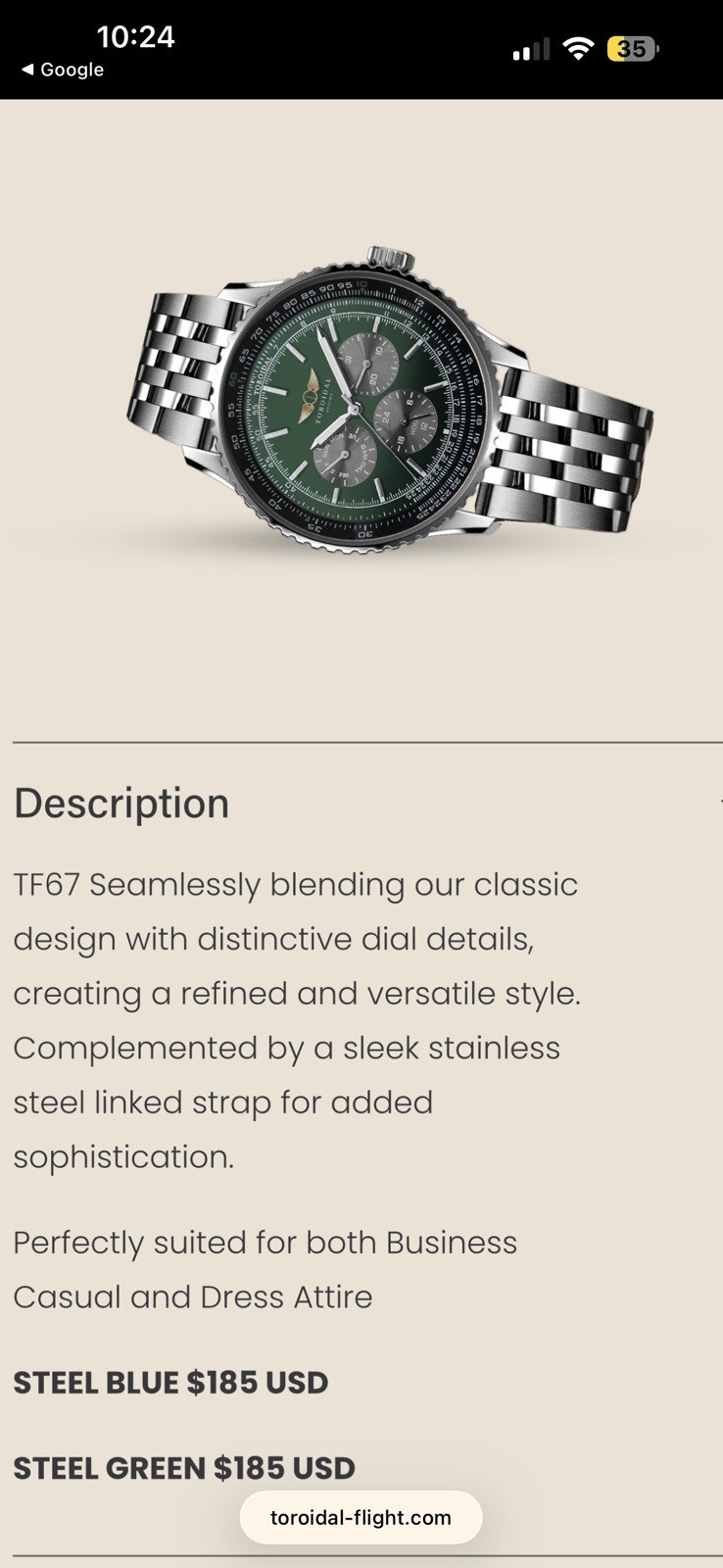 Toroidal Flight TF67 Chronograph Quartz Green Dial Slide Rule Steel Watch