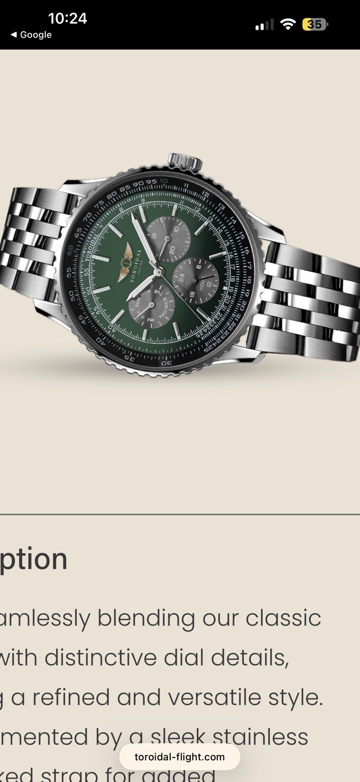 Toroidal Flight TF67 Chronograph Quartz Green Dial Slide Rule Steel Watch