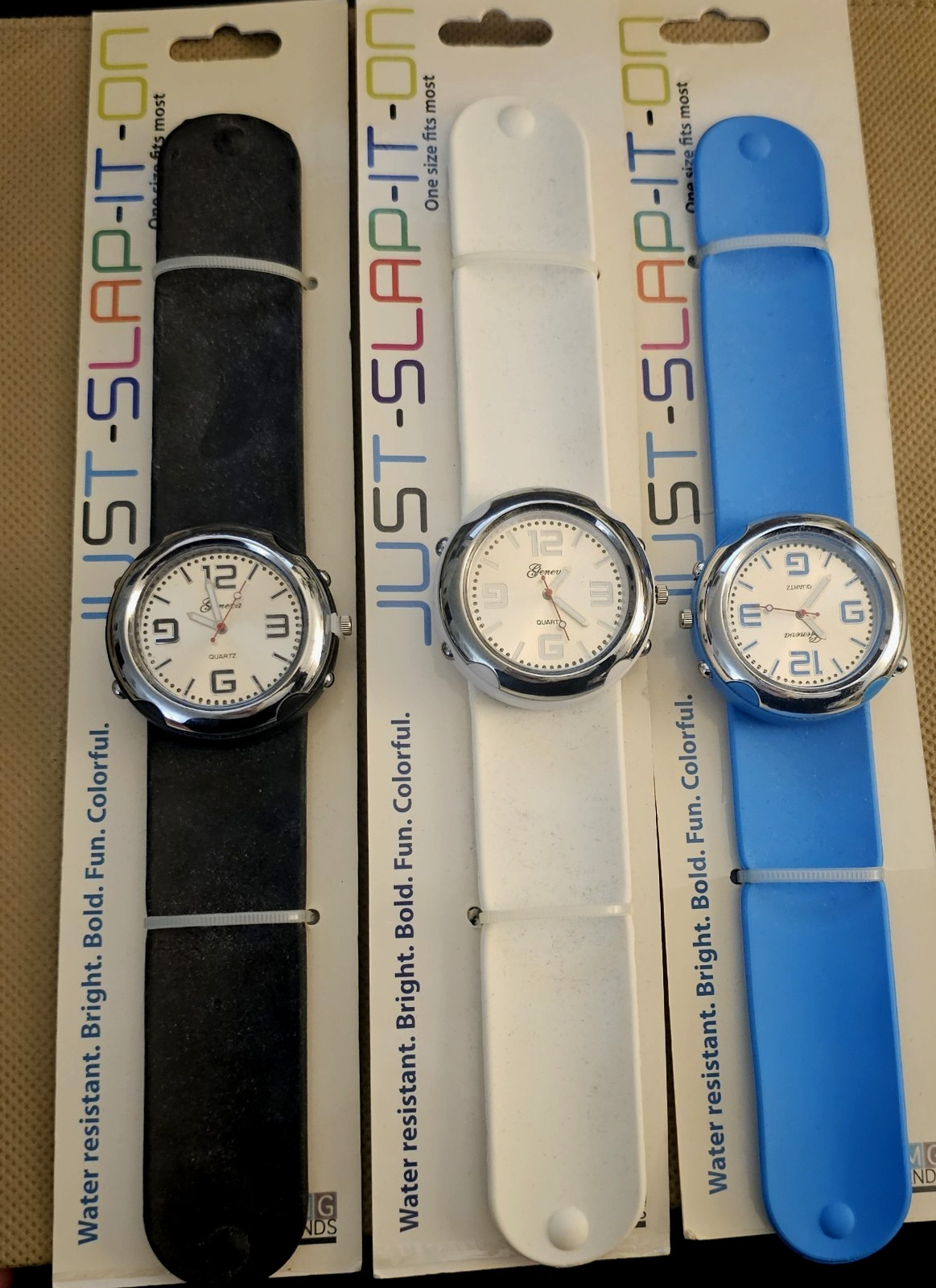 Lot of 3 Vintage ‘Just Slap It On’ Watches (Batteries Needed) Black, White &Blue
