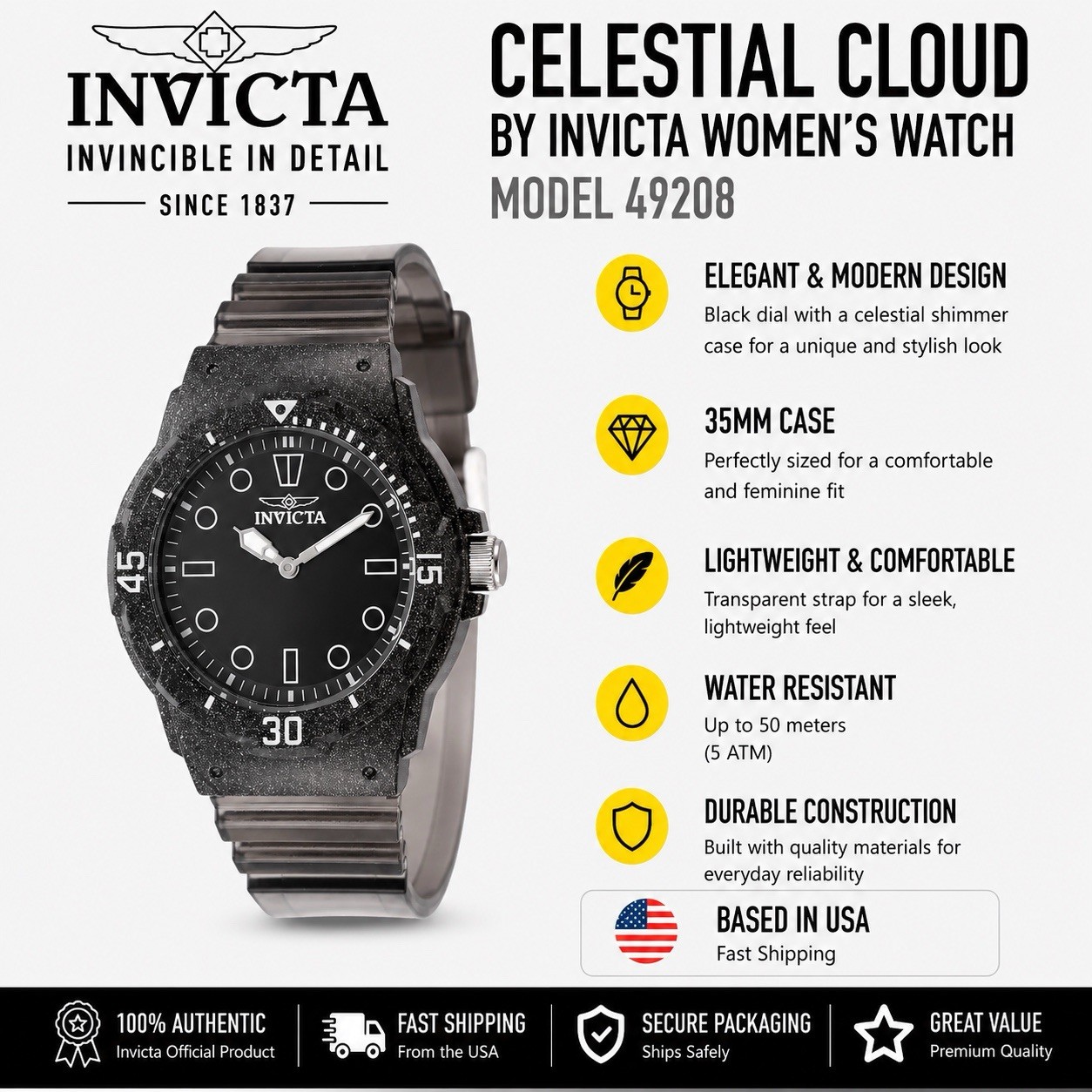Invicta Celestial Women’s Watch 35mm, Transparent/Black Dial 49208 New!!
