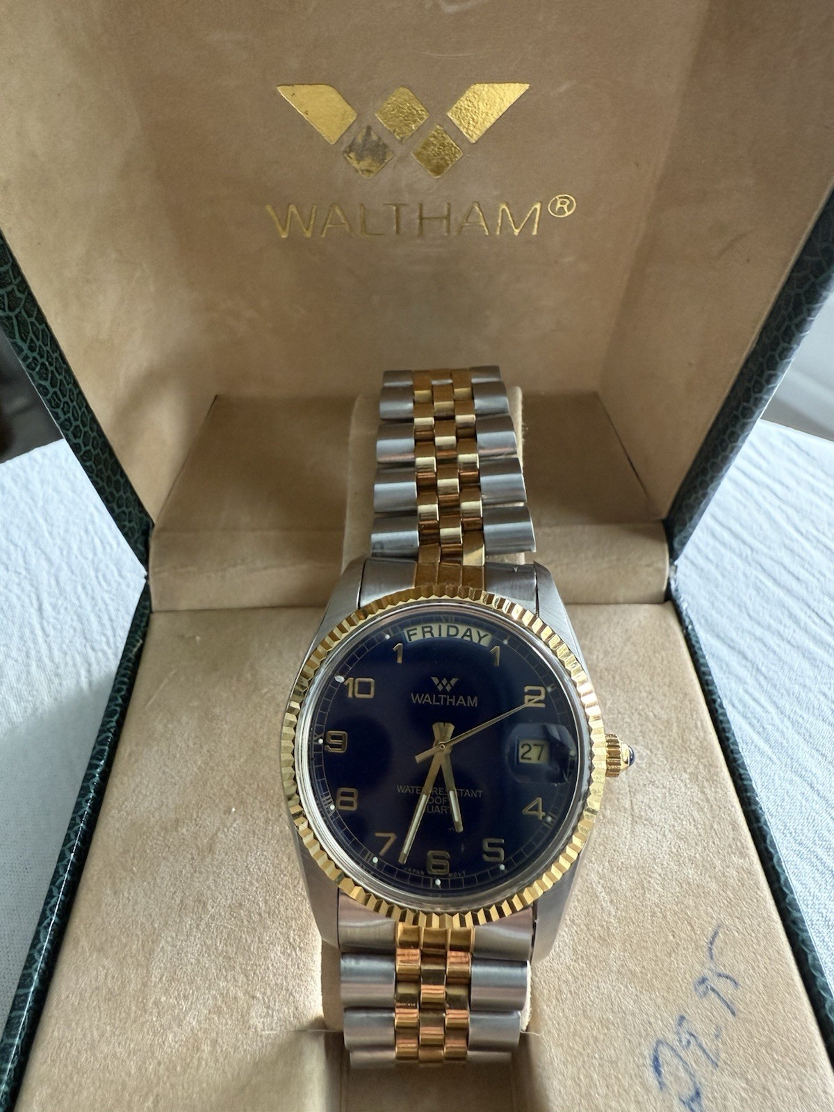 NEW Vintage 1995 Waltham Daydate Jubilee 36.5mm Fluted Bezel Quartz Watch