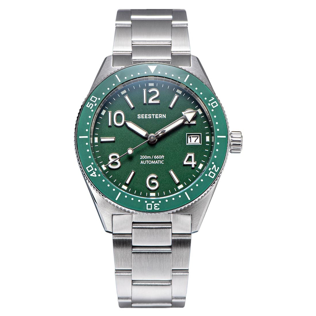 Seestern S434 Automatic Silver Green Date White Sapphire Knit Men’s Watch