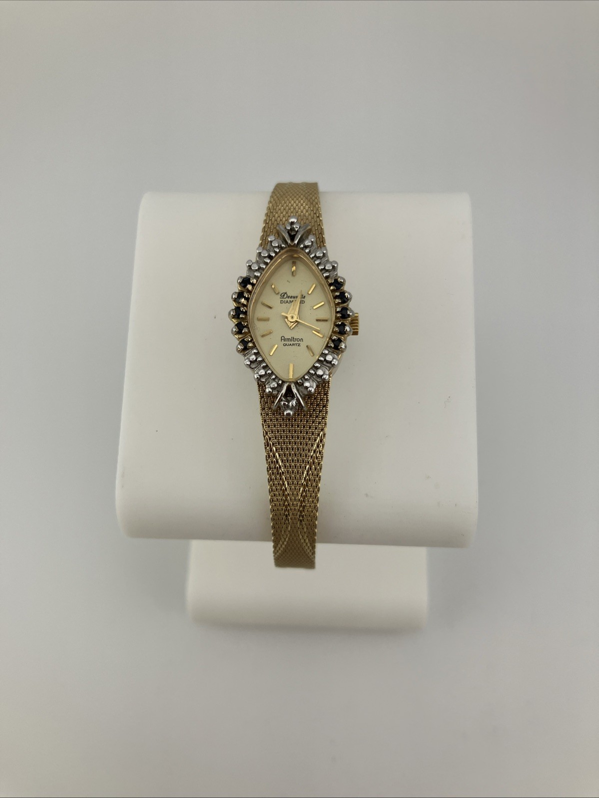 Vtg Deauville Ladies 16mm Watch Gold Tone Dark Green Ruby & Diamond Bezel – RUNS