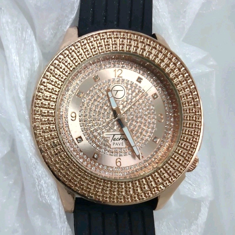 Techno Pavé Quartz Copper Dial Black Rubber Strap Luxury Men’s Wristwatch
