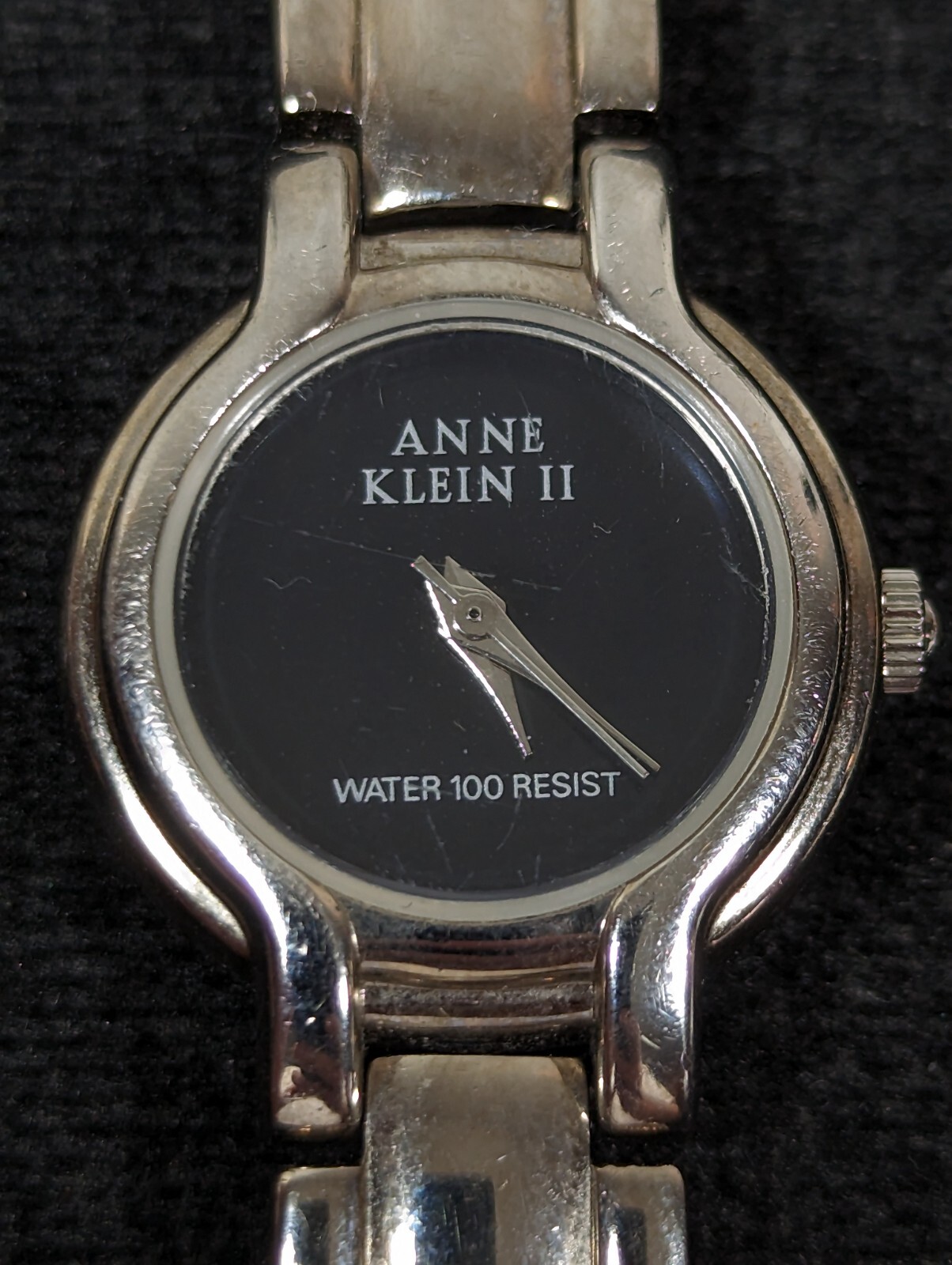 Anne Klein Black Dial Silver Tone Round Case Link Bracelet Band Watch 6.5 Inch