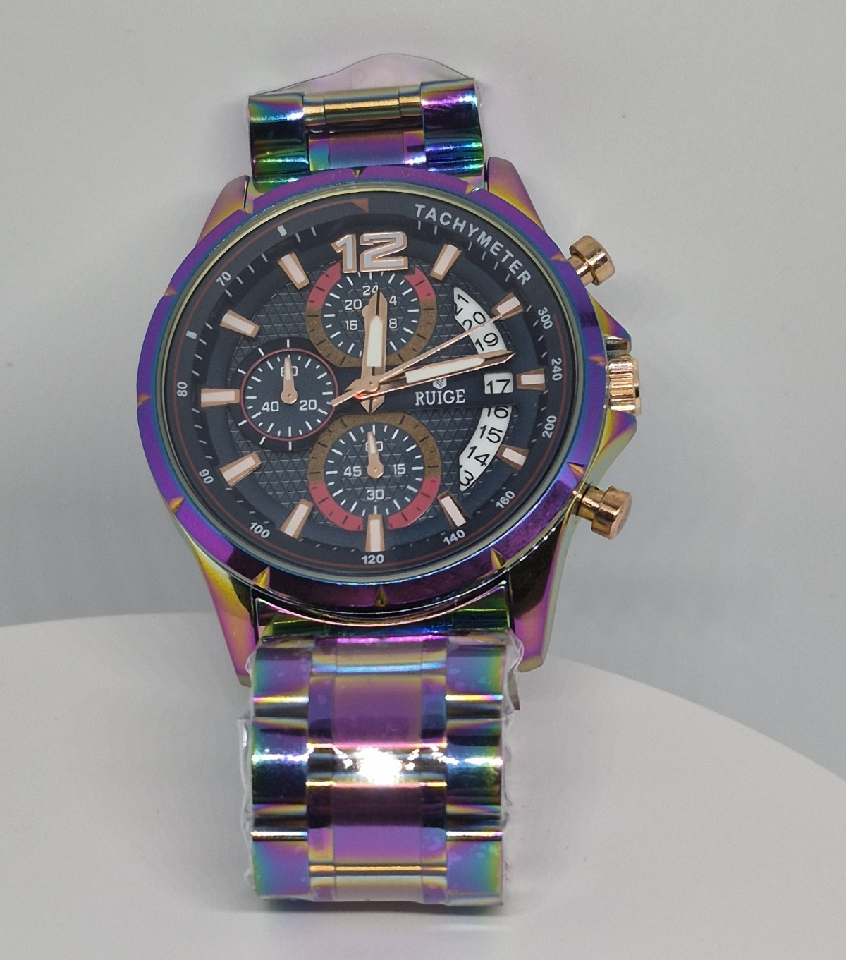 RUIGE Quartz Chronograph Tachymeter Watch Black Dial Multicolor Metal Box