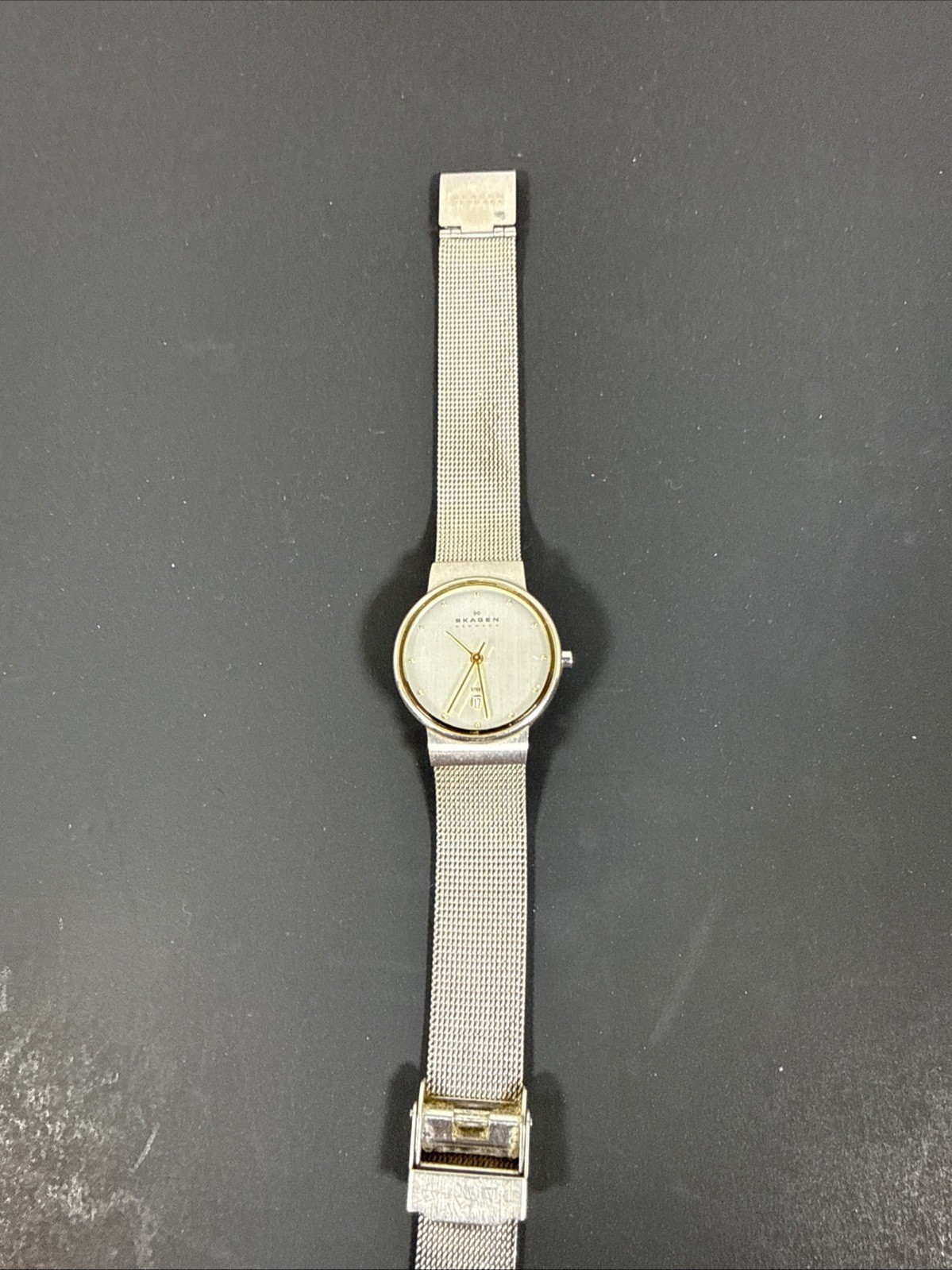 Skagen Womens Quartz Watch 355SGSC Mesh Band Silver Dial Date Needs Battery