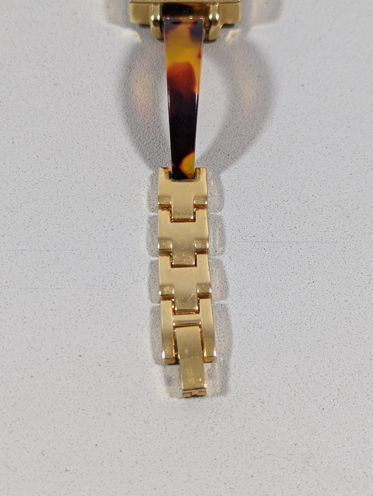 Brown Dial Crystal Accent Gold Tone Square Case Faux Tortoise Shell Band Watch