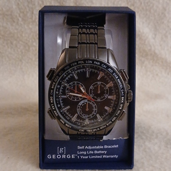 *NIB* George-Men’s Quartz Analog Black Silver-Metal Watch w/ Box Manual
