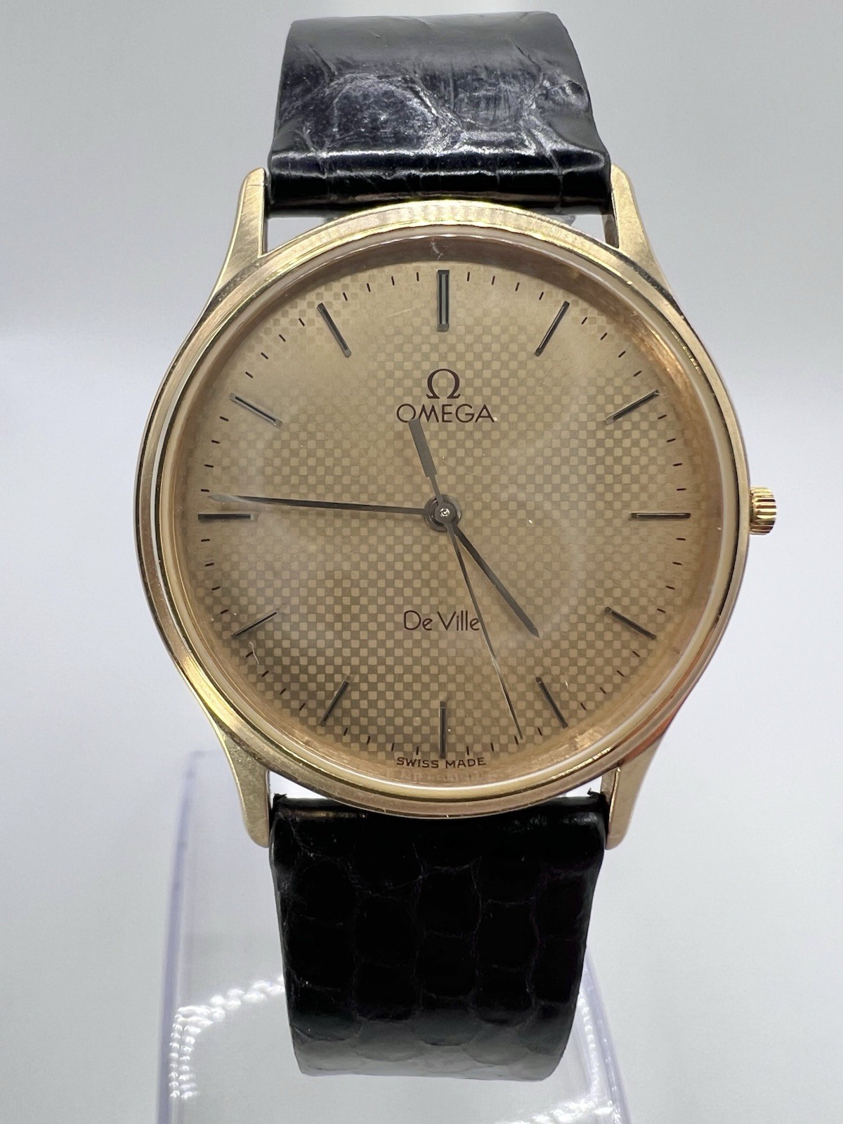 Vintage Rare Thin Omega Deville Gold Plated Guilloché Dial Men’s Watch With Box