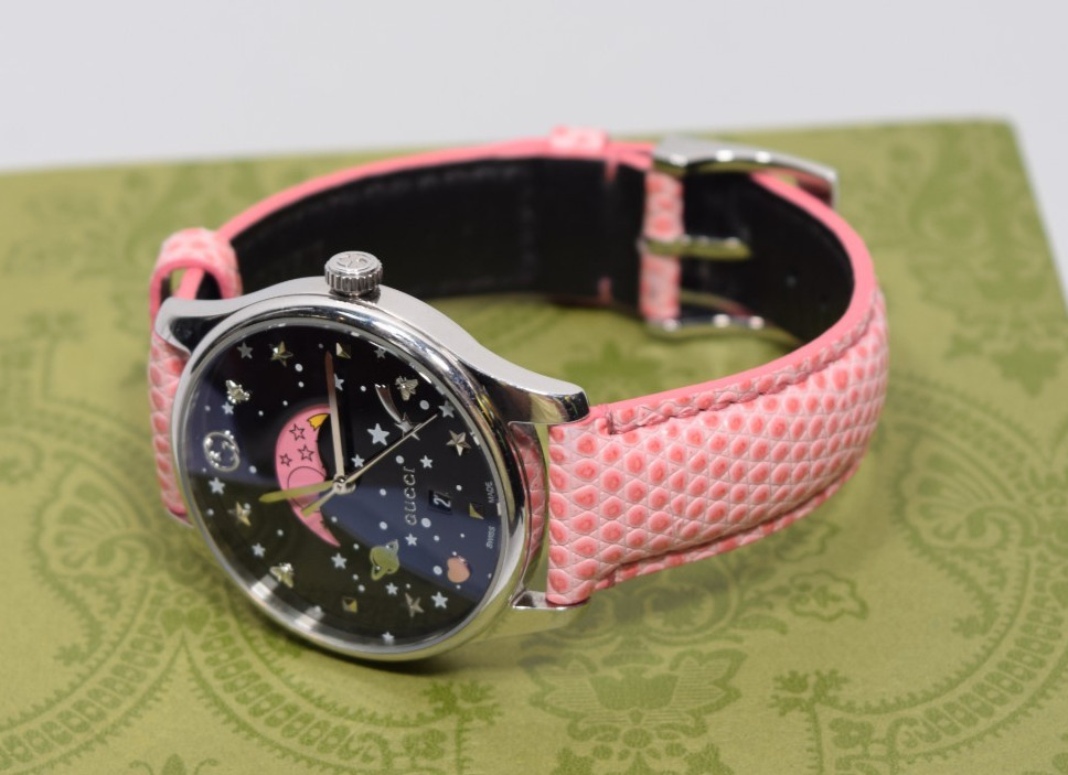 Gucci G-timeless Slim Black Moonphase Pink Leather Swiss Quartz Watch – 35mm