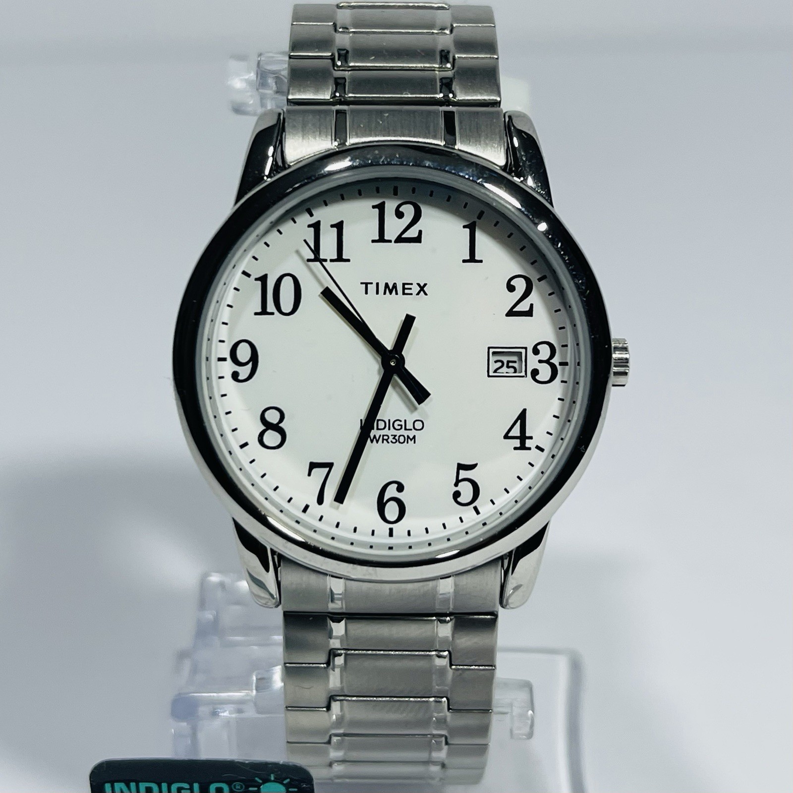 New Timex Easy Reader Men’s Watch Silver Tone 35mm Date Indiglo Expansion Band