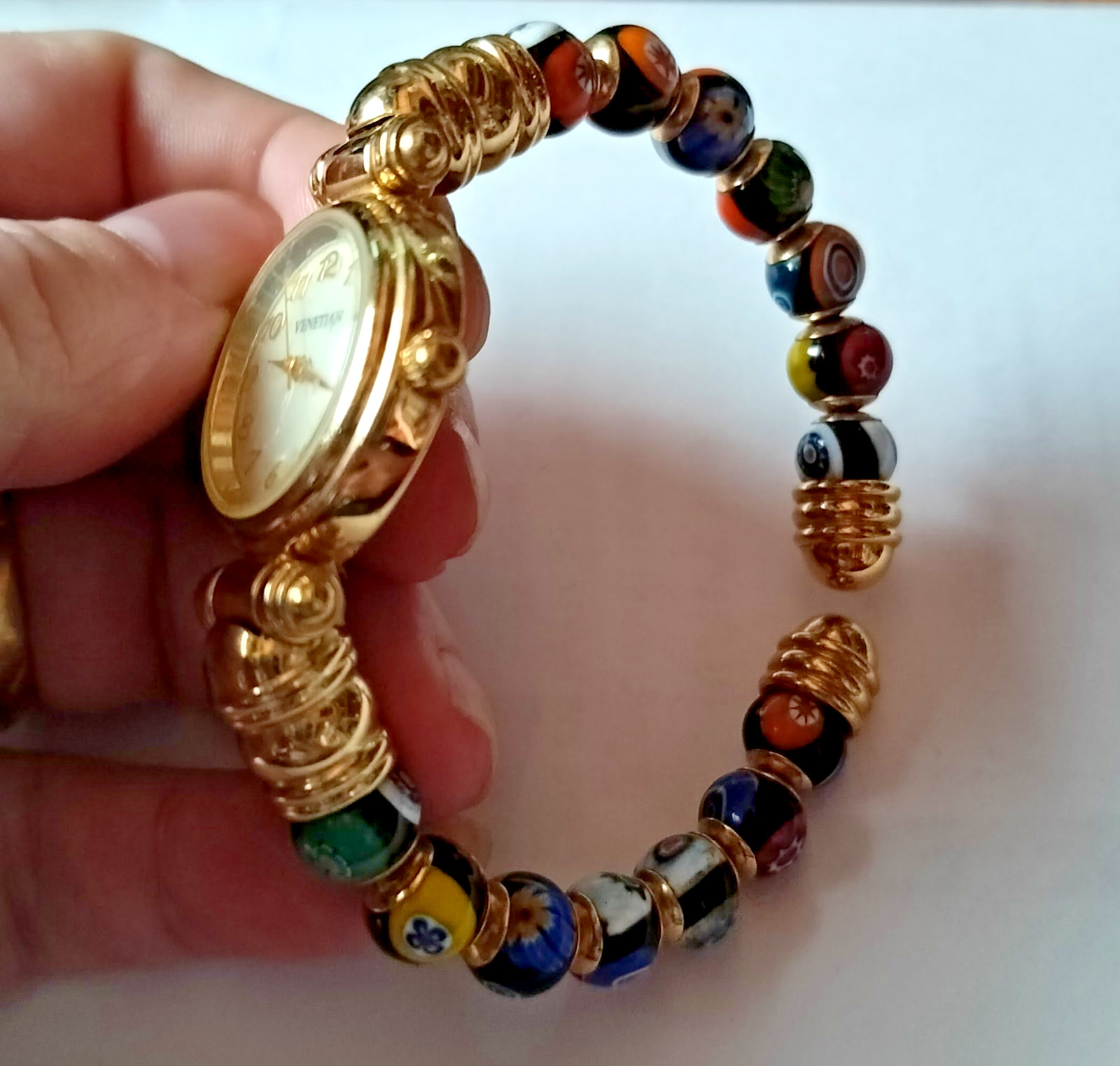 Vintage Handmade Murano All Glass Watch, Beaded Bangle, Venezia
