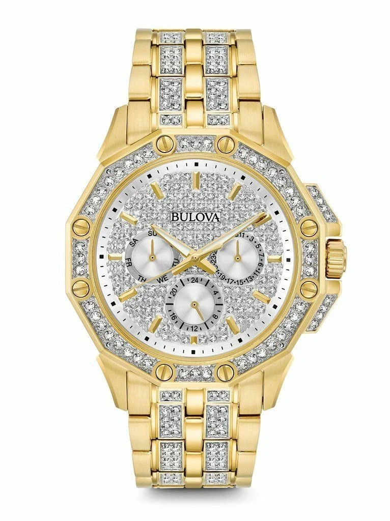 Bulova Men’s Crystal Silver Dial Yellow Gold-tone Watch – 98C126 NEW