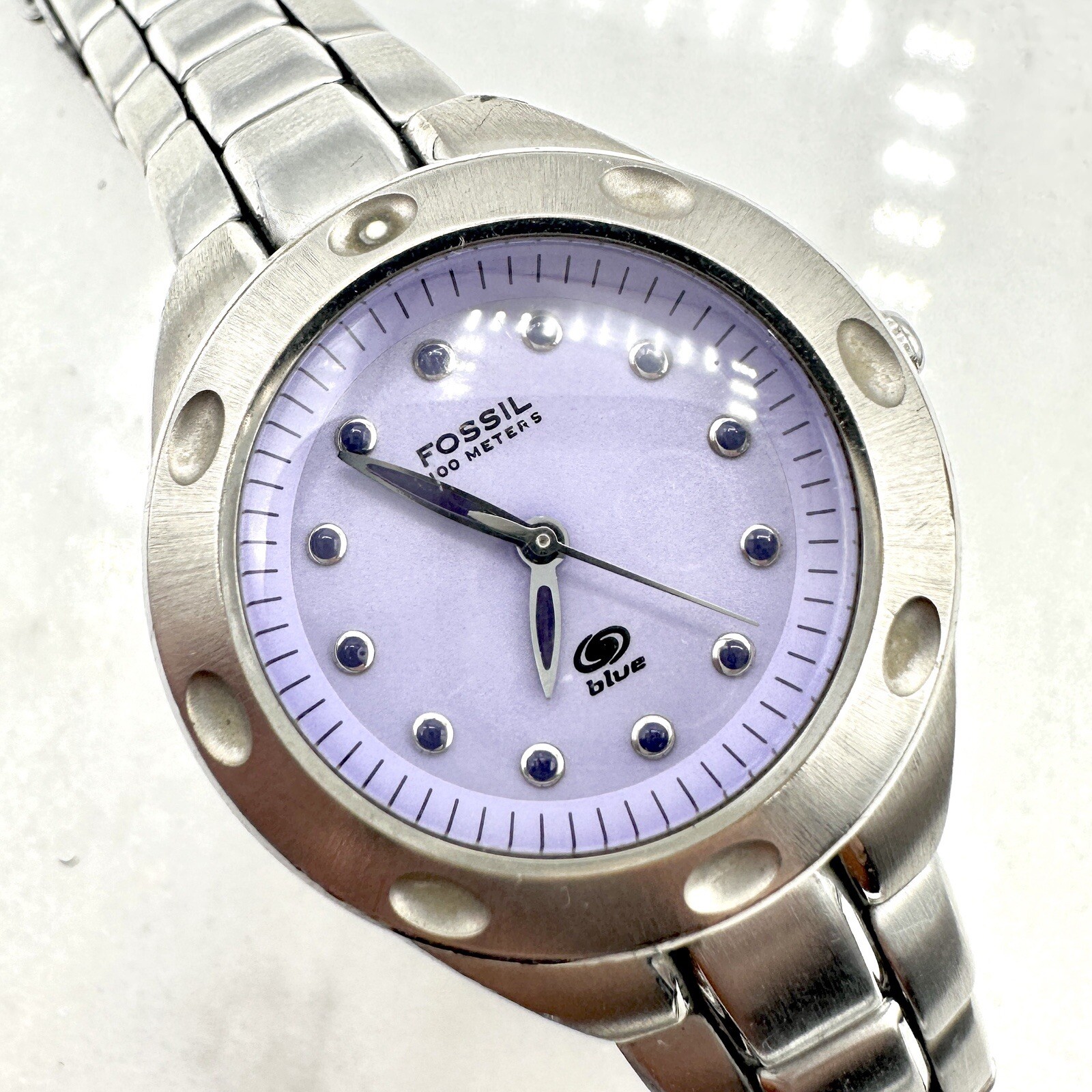 Fossil AM3388 Watch, Purple Dial, Silver Tone, New Battery Sz. 6.25”