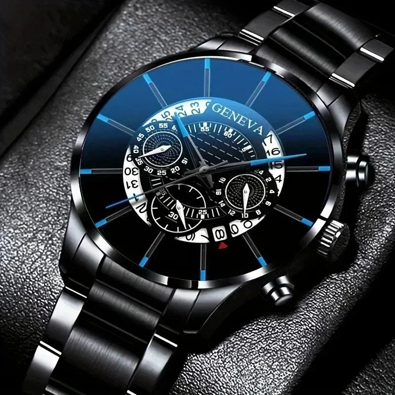 Luxury Men’s Quartz Wristwatch Black Blue Stainless Steel Fashion Watch