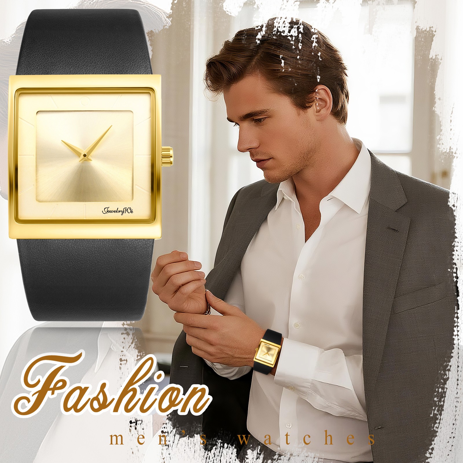 Leather Strap Square Analog Quartz Watch Japanese Movement Business Casual 3ATM