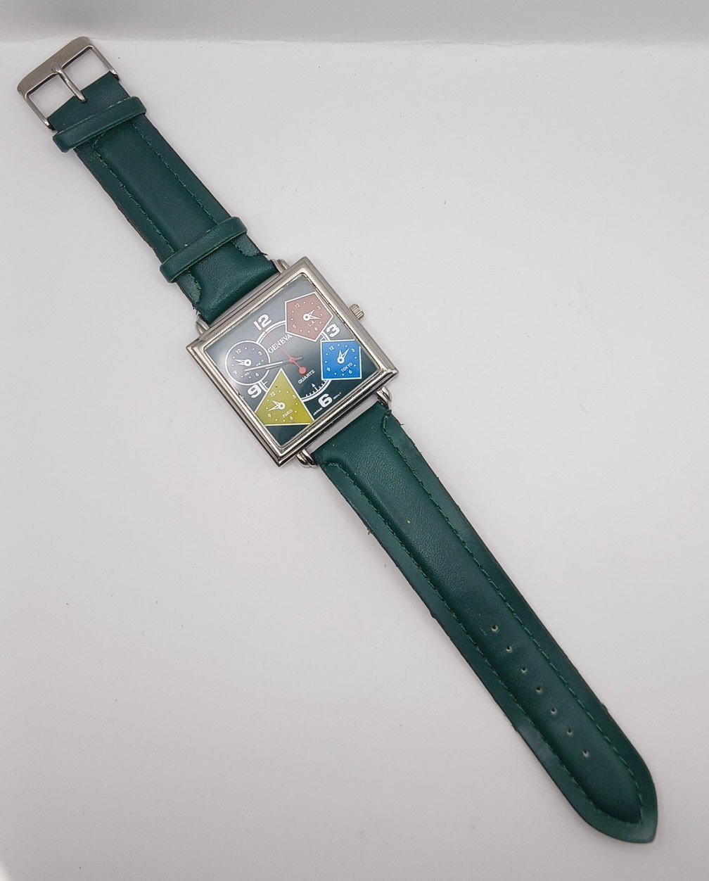 Geneva Multi-Time Zone Watch Square Face Dark Green Strap Novelty Retro Style