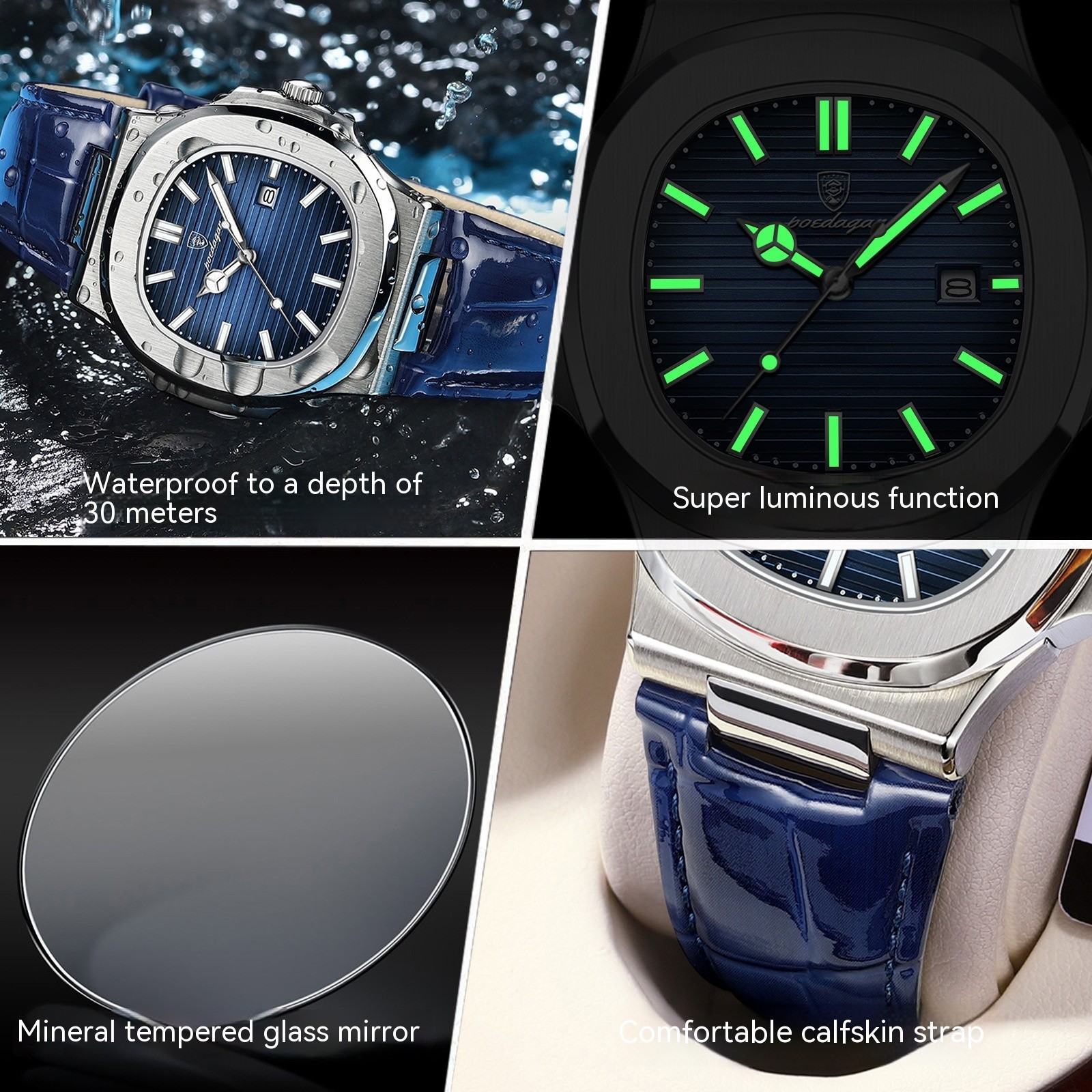 POEDAGAR Men Square Watch Textured Dial Leather Strap Luminous Waterproof Quartz