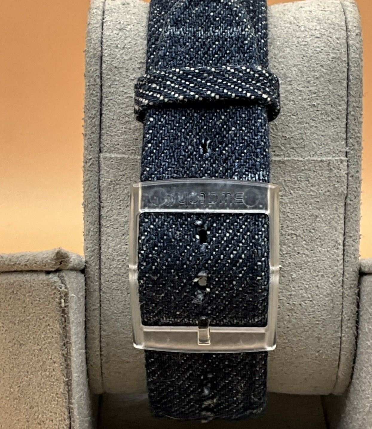 Swatch AG-2012 Clear Case Silver Dial with Denim/Leather Band – New Battery