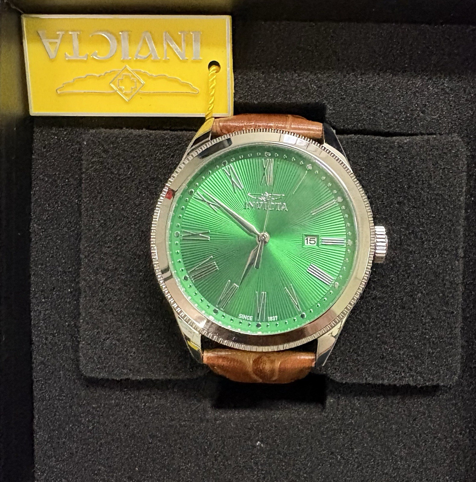 Invicta Quartz Analog Watch Green Dial Roman Numerals Date Brown Leather Box