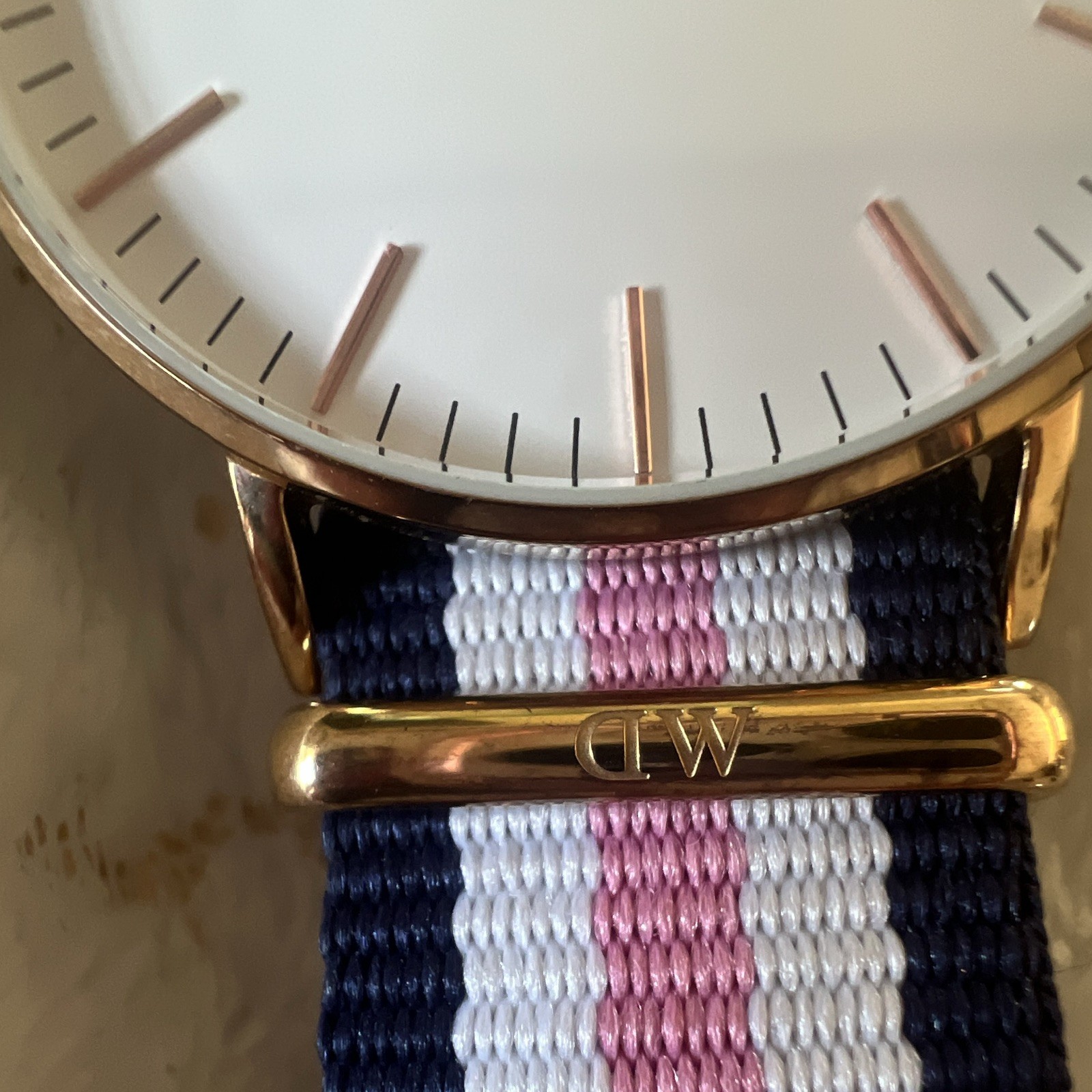 Daniel Wellington 40mm Quartz White Dial Gold SS Nylon Strap Blue/White/Pink