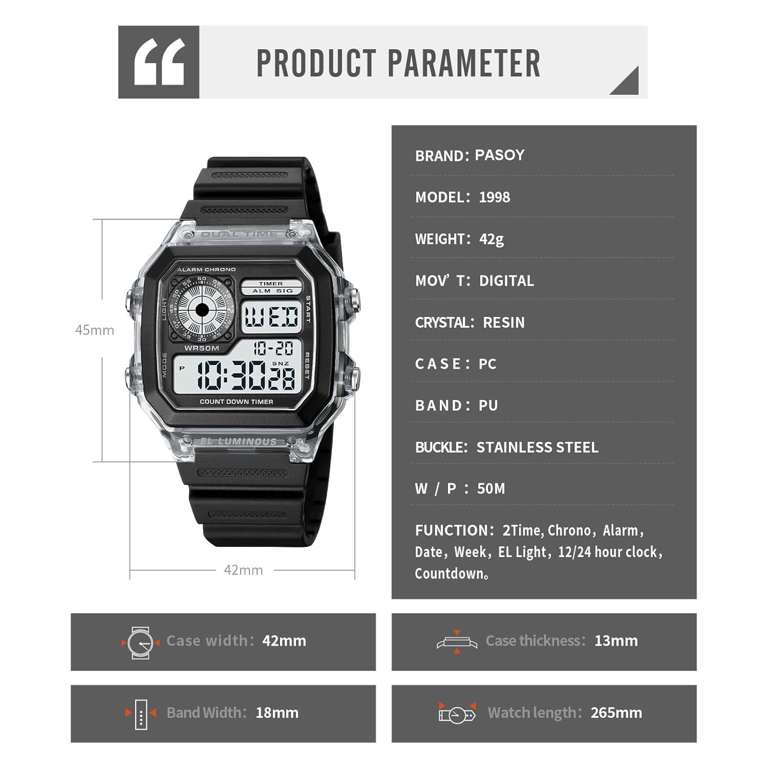 Men’s Digital Multi Function Watch Dual Time Alarm Stopwatch Countdown