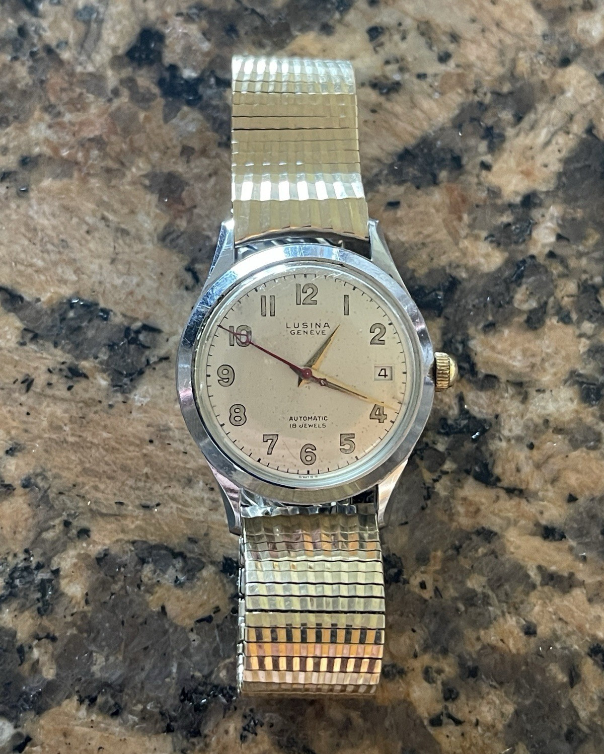 Lusina Geneve Automatic 18 Jewel Incabloc Date Cream Dial Gold Bracelet