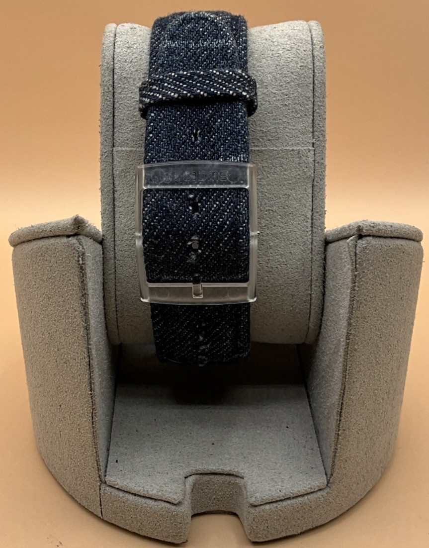 Swatch AG-2012 Clear Case Silver Dial with Denim/Leather Band – New Battery