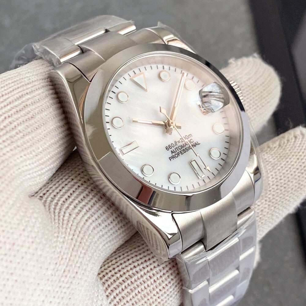 20ATM Diving 36mm NH35 Automatic Watch Men White Shell Dial Steel Bracelet